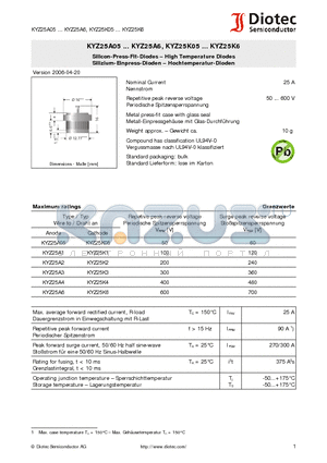 KYZ25A1 datasheet - Silicon-Press-Fit-Diodes - High Temperature Diodes Silizium-Einpress-Dioden - Hochtemperatur-Dioden