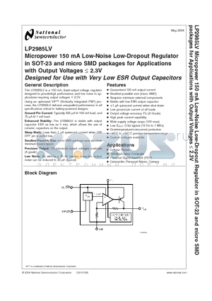 LP2985AIBP-1.5 datasheet - Micropower 150 mA Low-Noise Low-Dropout Regulator in SOT-23 and micro SMD packages for Applications