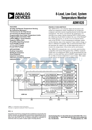 ADM1020AR-REEL7 datasheet - 8-Lead, Low-Cost, System Temperature Monitor