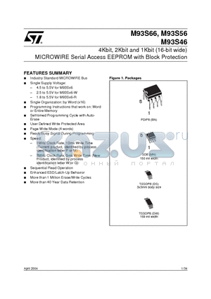 M93S46-DS6G datasheet - 4Kbit, 2Kbit and 1Kbit 16-bit wide MICROWIRE Serial Access EEPROM with Block Protection