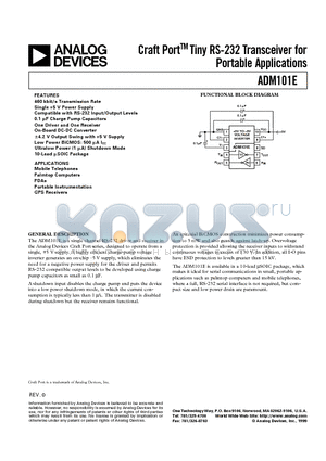 ADM101E datasheet - Craft PortTM Tiny RS-232 Transceiver for Portable Applications