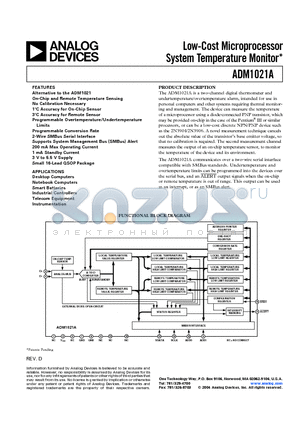 ADM1021AARQZ-REEL datasheet - Low-Cost Microprocessor System Temperature Monitor