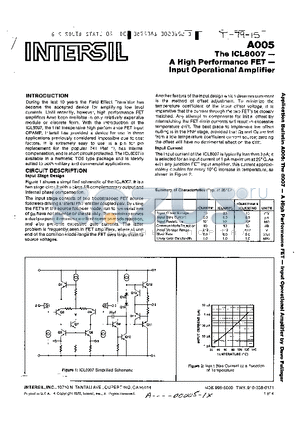 ICL8007C datasheet - A HIGH PERFORMANCE FET INPUT OPERATIONAL AMPLIFIER
