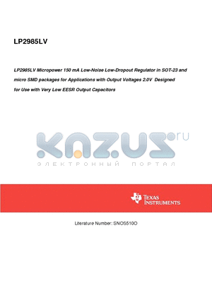 LP2985AIM5X-2.0 datasheet - Micropower 150 mA Low-Noise Low-Dropout Regulator in SOT-23 and micro SMD packages for Applications with Output Voltages 2.0V Designed for Use with Very Low EESR Output Capacitors