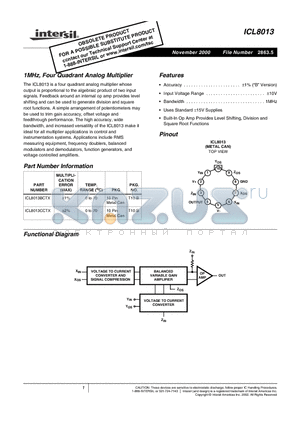 ICL8013CCTX datasheet - 1MHz, Four Quadrant Analog Multiplier