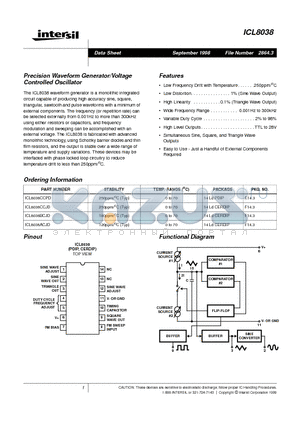 ICL8038 datasheet - Precision Waveform Generator/Voltage Controlled Oscillator