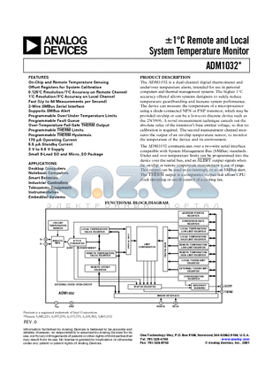 ADM1032AR datasheet - -1C Remote and Local System Temperature Monitor