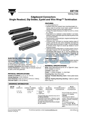 EBT15615B2YA datasheet - Edgeboard Connectors Single Readout, Dip Solder, Eyelet and Wire Wrap Termination