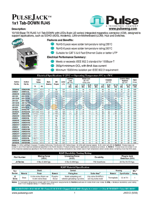 J0018D21E datasheet - 10/100 Base-TX RJ45 1x1 Tab-DOWN with LEDs 8-pin (J0 series) integrated magnetics connector (ICM), designed to