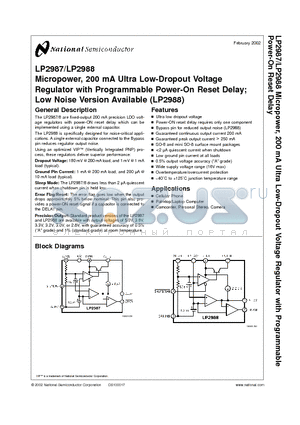 LP2987AIM-5.0 datasheet - Micropower, 200 mA Ultra Low-Dropout Voltage Regulator with Programmable Power-On Reset Delay; Low Noise Version Available (LP2988)