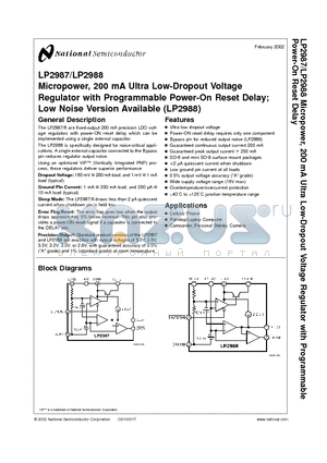 LP2987AIMMX-5.0 datasheet - Micropower, 200 mA Ultra Low-Dropout Voltage Regulator with Programmable Power-On Reset Delay; Low Noise Version Available (LP2988)