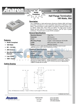 J100N50X4 datasheet - Half Flange Termination 100 Watts, 50W