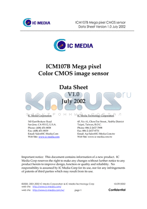 ICM107B datasheet - ICM107B Mega pixel Color CMOS image sensor