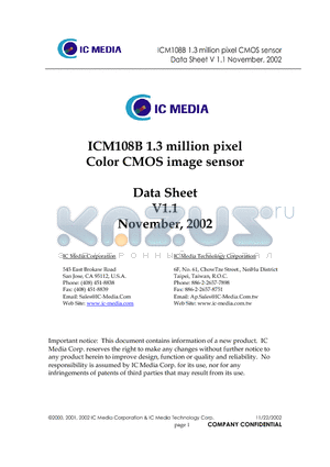 ICM108B datasheet - 1.3 million pixel Color CMOS image sensor