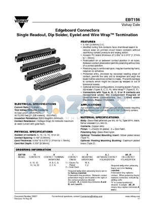 EBT15618F2XA datasheet - Edgeboard Connectors Single Readout, Dip Solder, Eyelet and Wire Wrap Termination