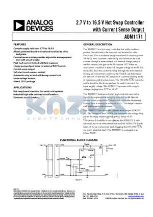 ADM1171 datasheet - 2.7 V to 16.5 V Hot Swap Controller with Current Sense Output