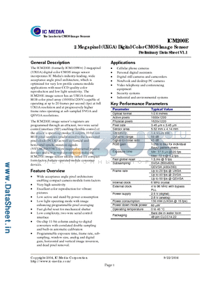 ICM200E datasheet - Megapixel (UXGA) Digital Color CMOS Image Sensor