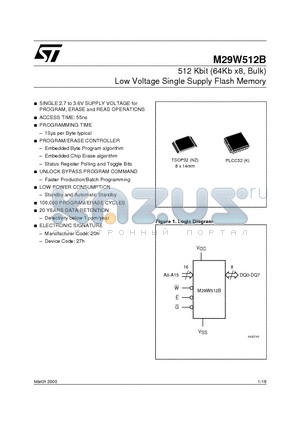 M29W512B70K1T datasheet - 512 Kbit 64Kb x8, Bulk Low Voltage Single Supply Flash Memory