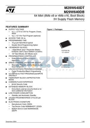 M29W640DB70ZA1E datasheet - 64 Mbit 8Mb x8 or 4Mb x16, Boot Block 3V Supply Flash Memory