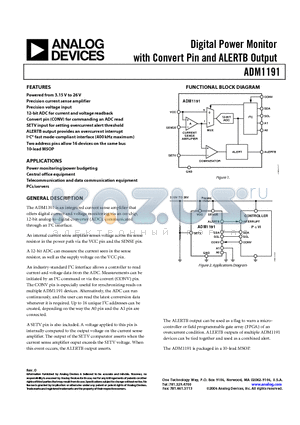 ADM1191 datasheet - Digital Power Monitor with Convert Pin and ALERTB O