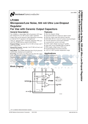 LP2989 datasheet - Micropower/Low Noise, 500 mA Ultra Low-Dropout Regulator For Use with Ceramic Output Capacitors