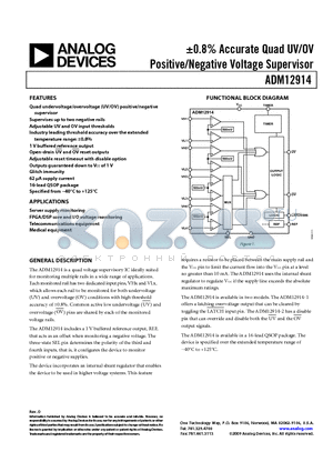ADM12914-2ARQZ datasheet - a0.8% Accurate Quad UV/OV Positive/Negative Voltage Supervisor