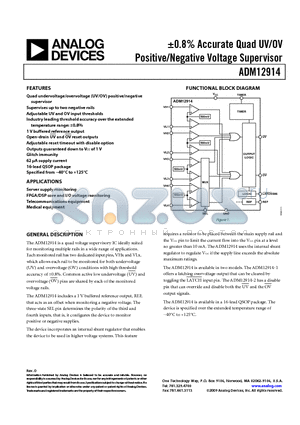 ADM12914-1ARQZ datasheet - a0.8% Accurate Quad UV/OV Positive/Negative Voltage Supervisor