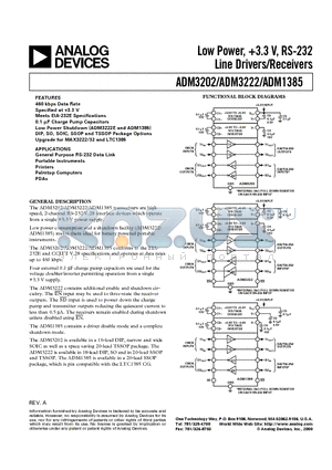 ADM1385 datasheet - Low Power, 3.3 V, RS-232 Line Drivers/Receivers