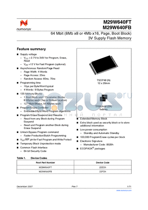 M29W640FT60N6F datasheet - 64 Mbit (8Mb x8 or 4Mb x16, Page, Boot Block) 3V Supply Flash Memory