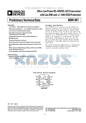 ADM1487 datasheet - Ultra-Low Power RS-485/RS-422 Transceiver with Low EMI and /-10kV ESD Protection