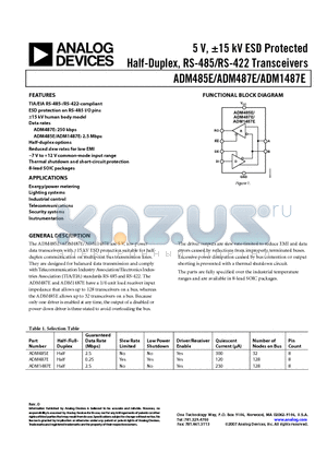ADM1487EARZ-REEL7 datasheet - 5 V, a15 kV ESD Protected Half-Duplex, RS-485/RS-422 Transceivers