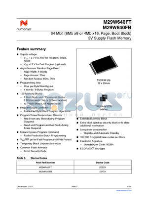 M29W640FT datasheet - 64 Mbit (8Mb x8 or 4Mb x16, Page, Boot Block) 3V Supply Flash Memory