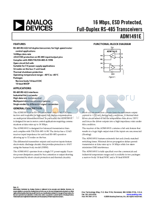 ADM1491E datasheet - 16 Mbps, ESD Protected, Full-Duplex RS-485 Transceivers