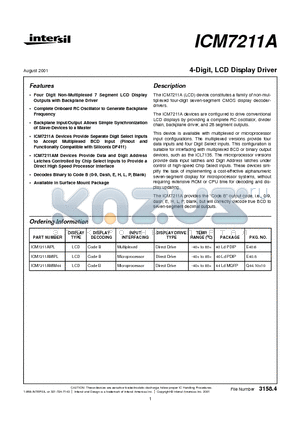 ICM7211A datasheet - 4-Digit, LCD Display Driver