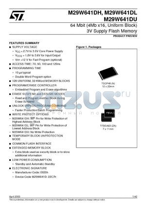 M29W641DH10N1T datasheet - 64 Mbit 4Mb x16, Uniform Block 3V Supply Flash Memory