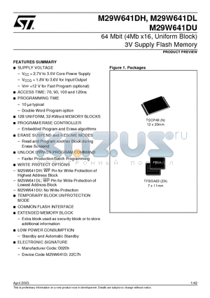 M29W641DH12ZA1F datasheet - 64 Mbit 4Mb x16, Uniform Block 3V Supply Flash Memory