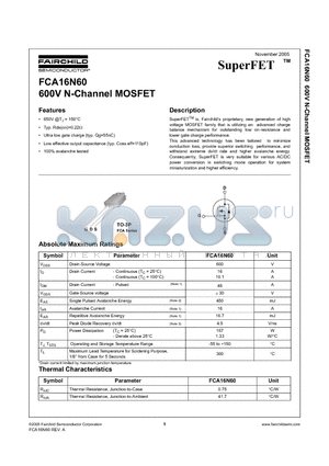 FCA16N60 datasheet - 600V N-Channel MOSFET