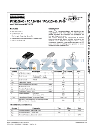 FCA20N60 datasheet - 600V N-Channel MOSFET