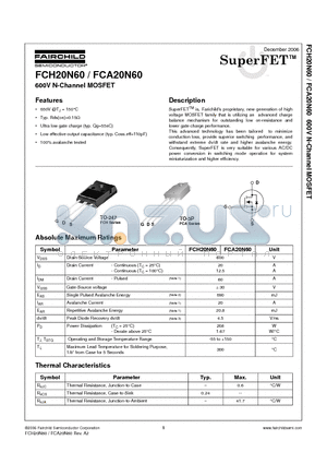 FCA20N60 datasheet - 600V N-Channel MOSFET