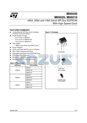 M95010-MN3G/W datasheet - 4Kbit, 2Kbit and 1Kbit Serial SPI Bus EEPROM With High Speed Clock