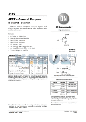J110 datasheet - JFET − General Purpose N−Channel − Depletion