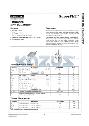 FCB20N60 datasheet - 600V N-Channel MOSFET