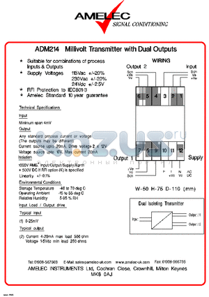 ADM214 datasheet - MILLIVOLT TRANSMITTER WITH DUAL OUTPUTS