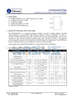 LP3000SOT89-1 datasheet - LOW NOISE, HIGH LINEARITY PACKAGED PHEMT