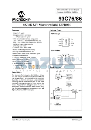 93C76T-I/P datasheet - 8K/16K 5.0V Microwire Serial EEPROM