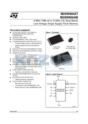 M29W800AB datasheet - 8 Mbit (1Mb x8 or 512Kb x16, Boot Block) Low Voltage Single Supply Flash Memory