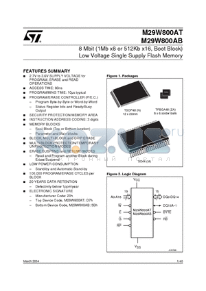 M29W800AB100M1T datasheet - 8 Mbit (1Mb x8 or 512Kb x16, Boot Block) Low Voltage Single Supply Flash Memory