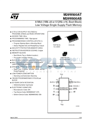 M29W800AB100ZA1T datasheet - 8 Mbit 1Mb x8 or 512Kb x16, Boot Block Low Voltage Single Supply Flash Memory