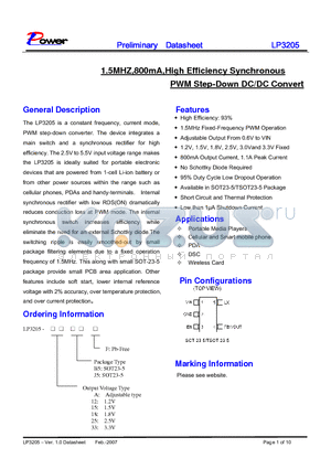 LP3205-18B5F datasheet - 1.5MHZ,800mA,High Efficiency Synchronous PWM Step-Down DC/DC Convert
