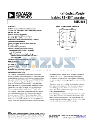 ADM2481BRWZ-RL7 datasheet - Half-Duplex, iCoupler Isolated RS-485 Transceiver